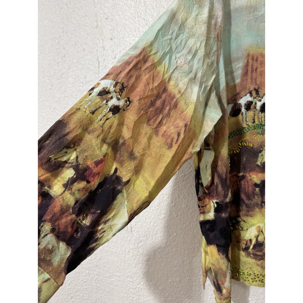 Vintage 90s Nicole Taylor 3X Plus Art to Wear Silk Beaded Cowboy Western Blouse - Picture 3 of 13